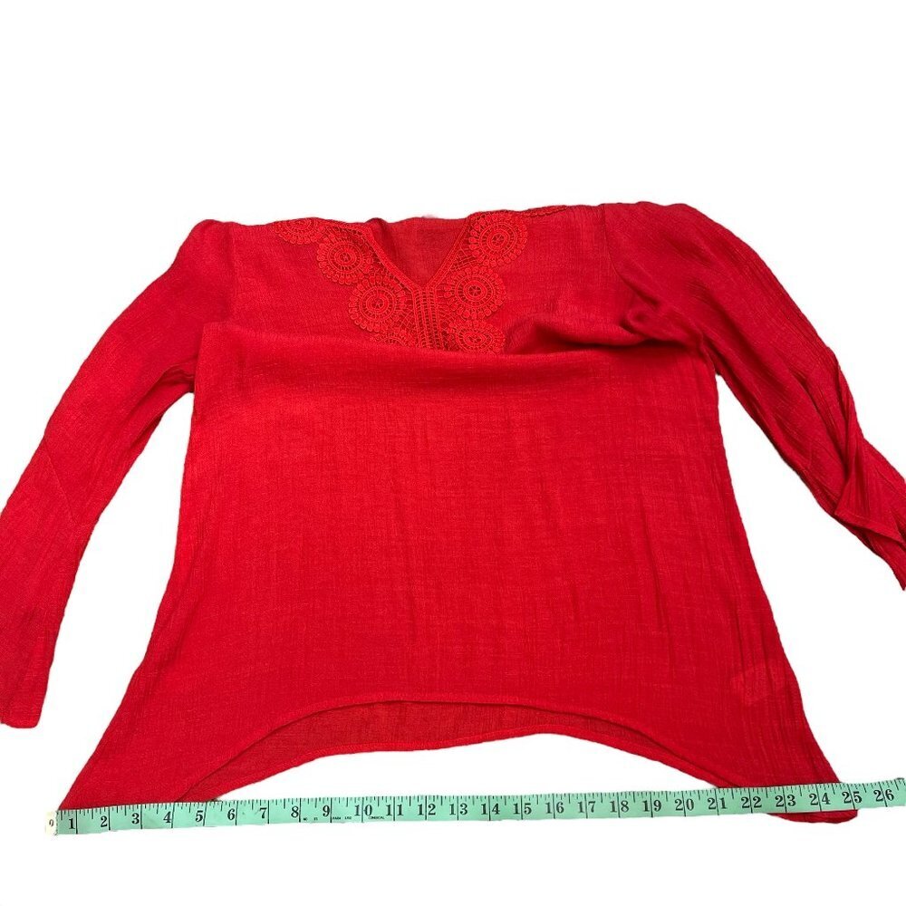 Counterparts Women Red Handkerchief Blouse Top 3/4 Sleeve Knit Lace Details Sz M - Picture 9 of 16